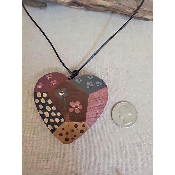 VTG Hand Painted Carved Puffy Heart Pendant Patchwork Design Sterling 925 Clasp - Picture 4 of 7